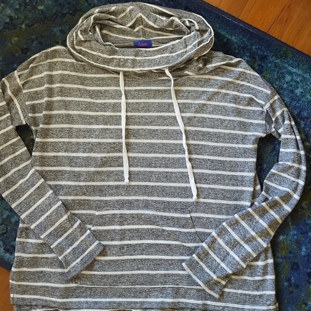 Gray Striped Cowl Neck Sweater